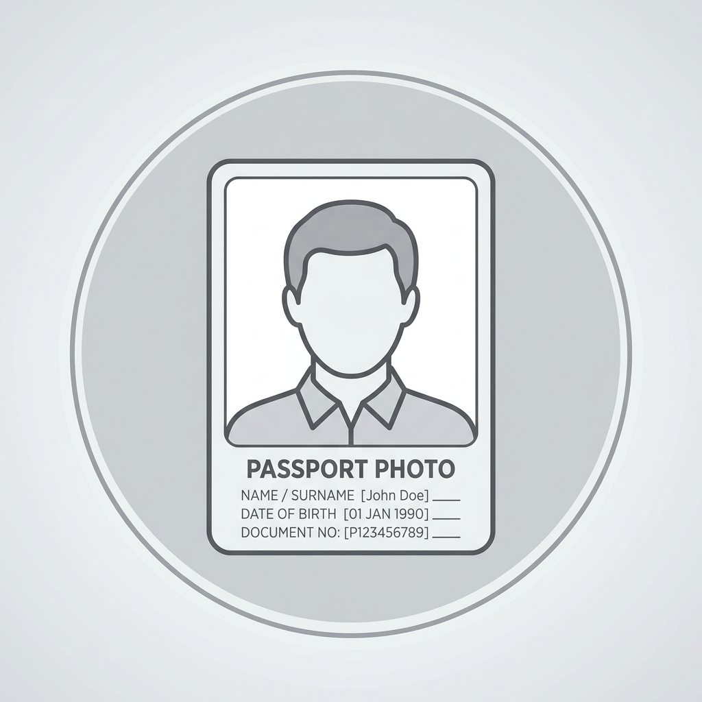 Passport photo card reading "PASSPORT PHOTO," "NAME / SURNAME [John Doe]," "DATE OF BIRTH [01 JAN 1990]," and "DOCUMENT NO: [P123456789]."